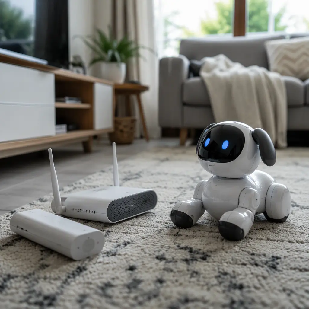 AI robot pet toy in a home living room with Wi‑Fi equipment nearby