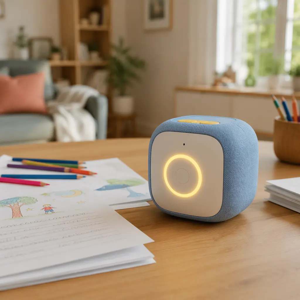 Smart storytelling toy with craft supplies on a table