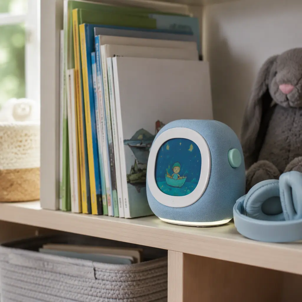 AI storytelling toy beside children's books on a shelf in soft natural light