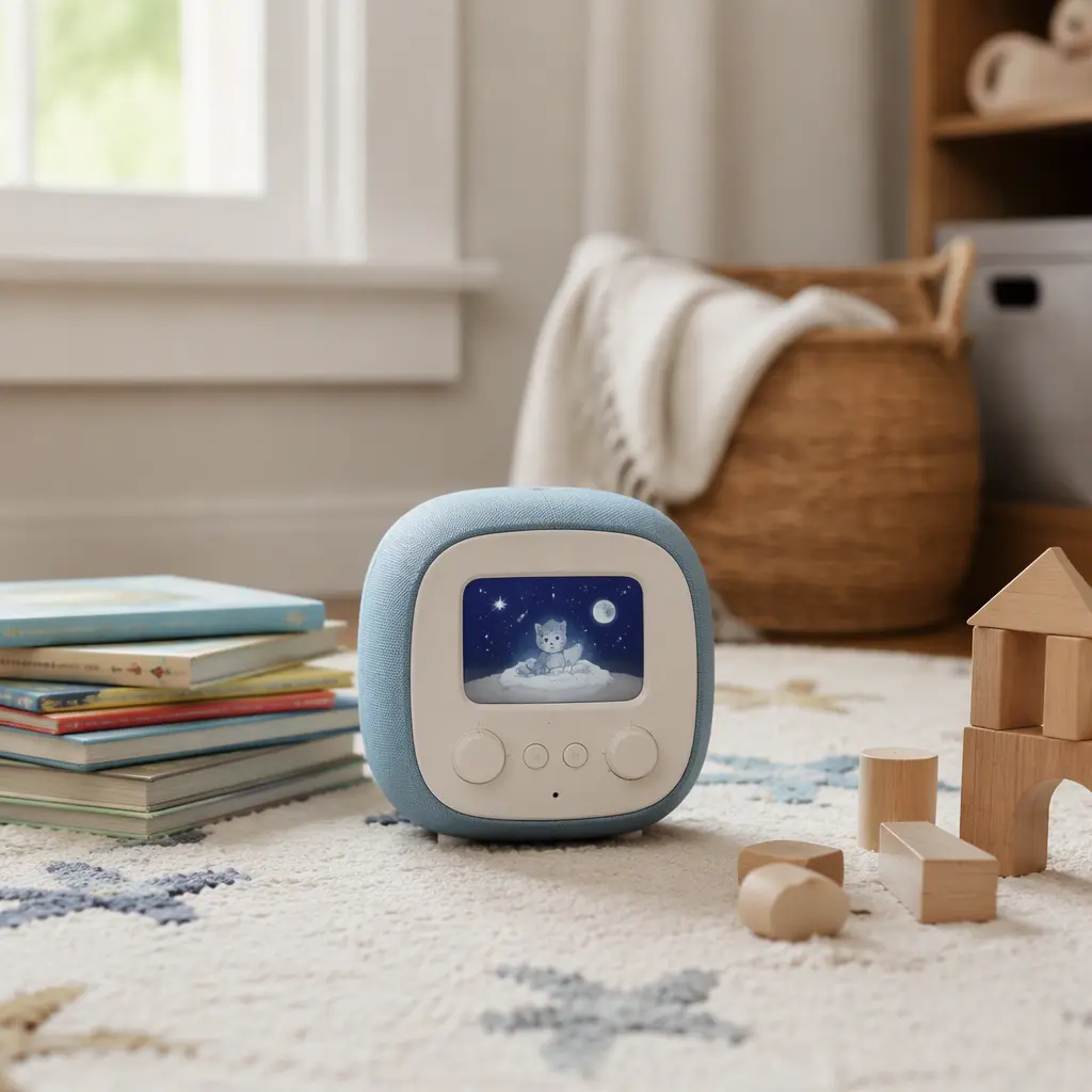 Conversational storytelling toy beside books and blocks on a nursery floor