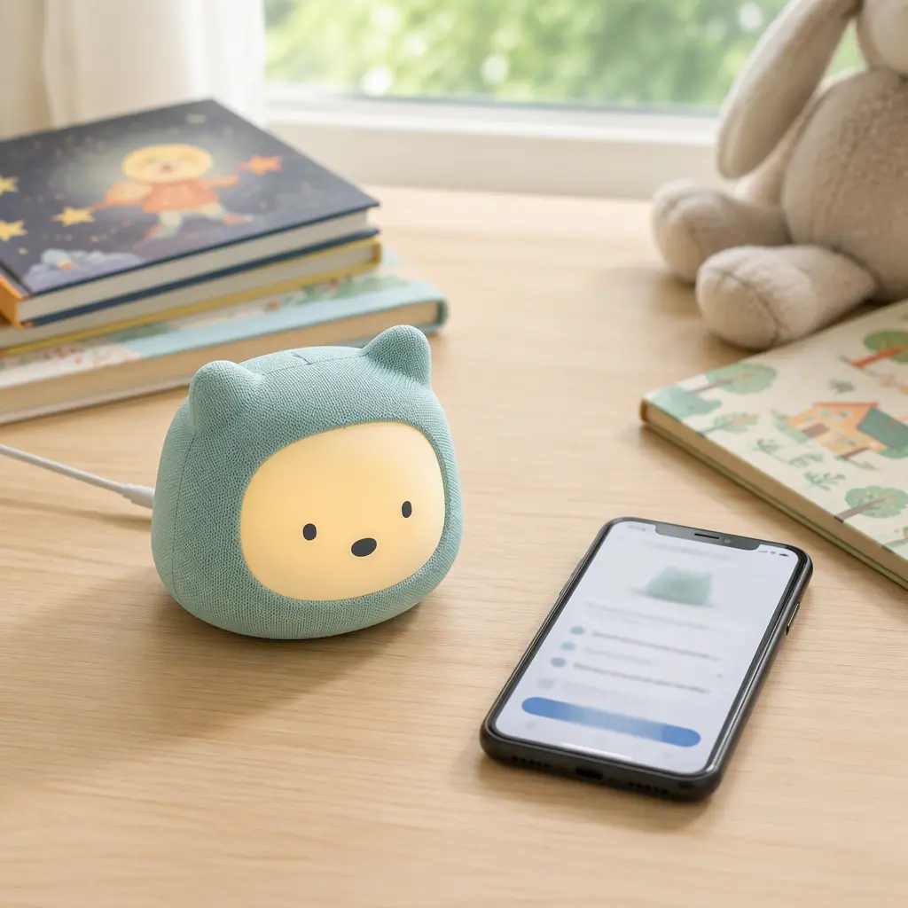 Connected storytelling toy with phone setup and children's books nearby