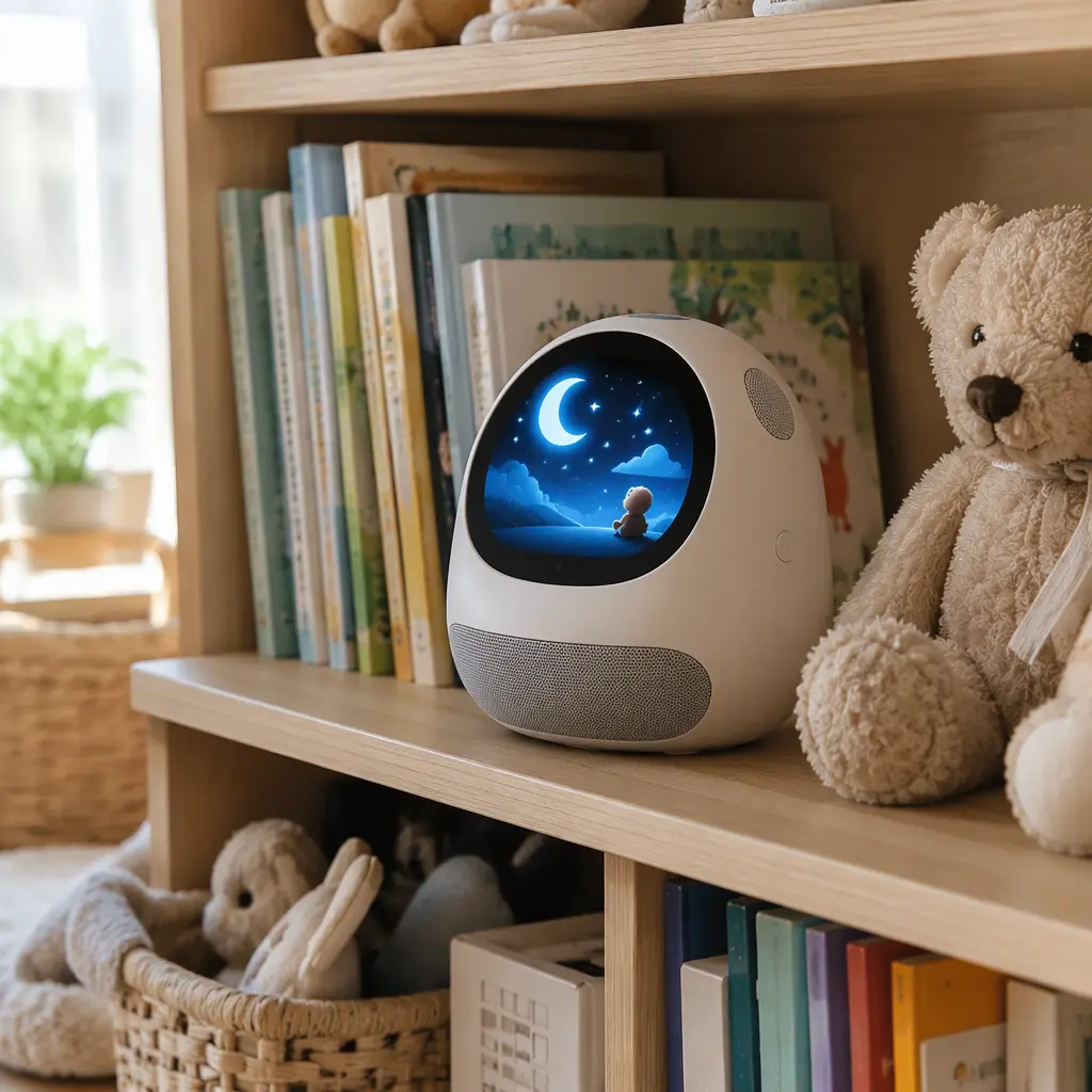 AI storytelling toy on a shelf beside children's books in a softly lit playroom