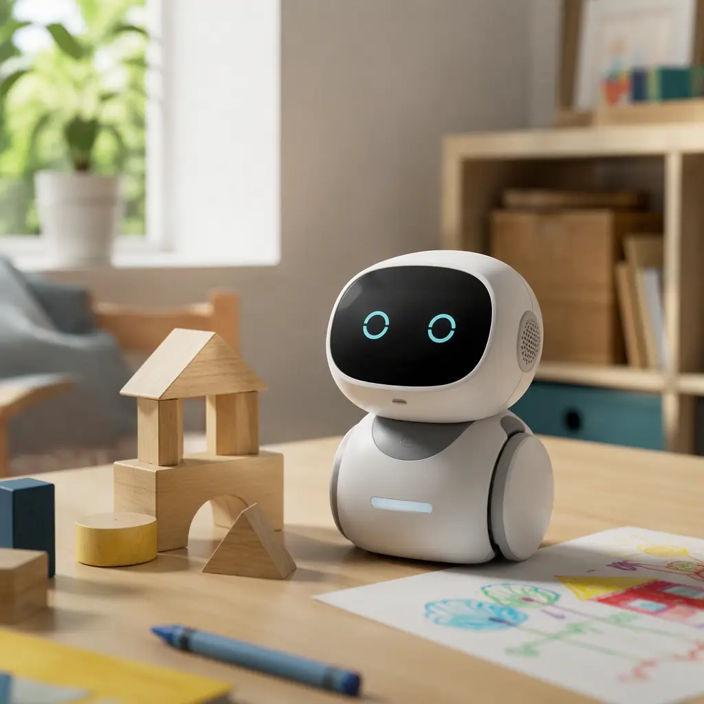 AI robot toy beside traditional screen-free toys on a tabletop