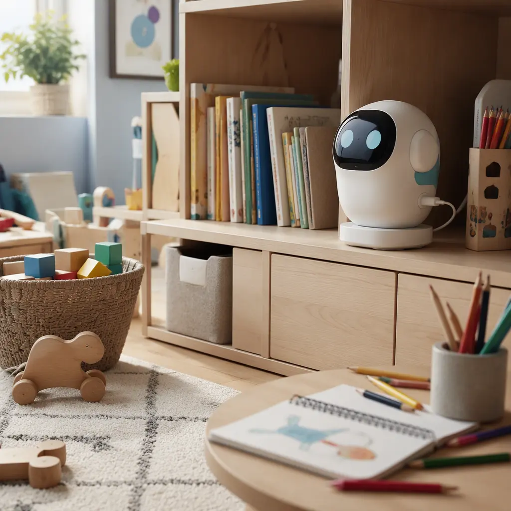 Connected toy charging in a tidy playroom with offline toys nearby