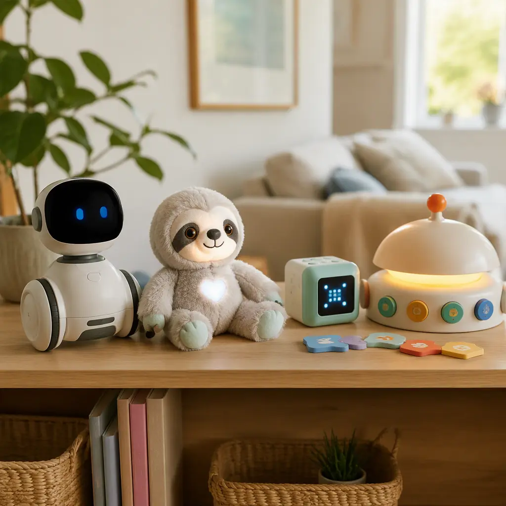 Connected and AI-enabled children's toys displayed on a shelf in soft natural light
