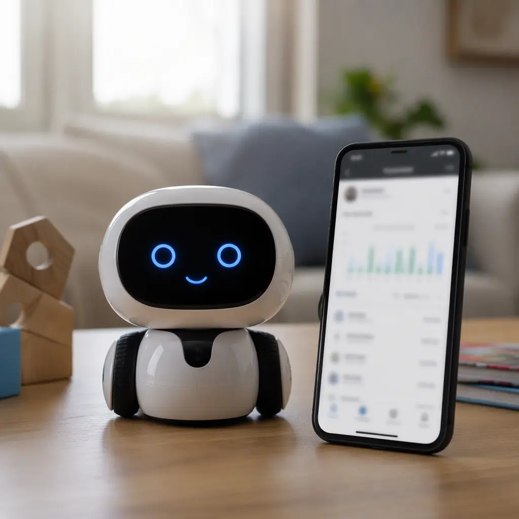 Smart toy robot beside a smartphone in a family home
