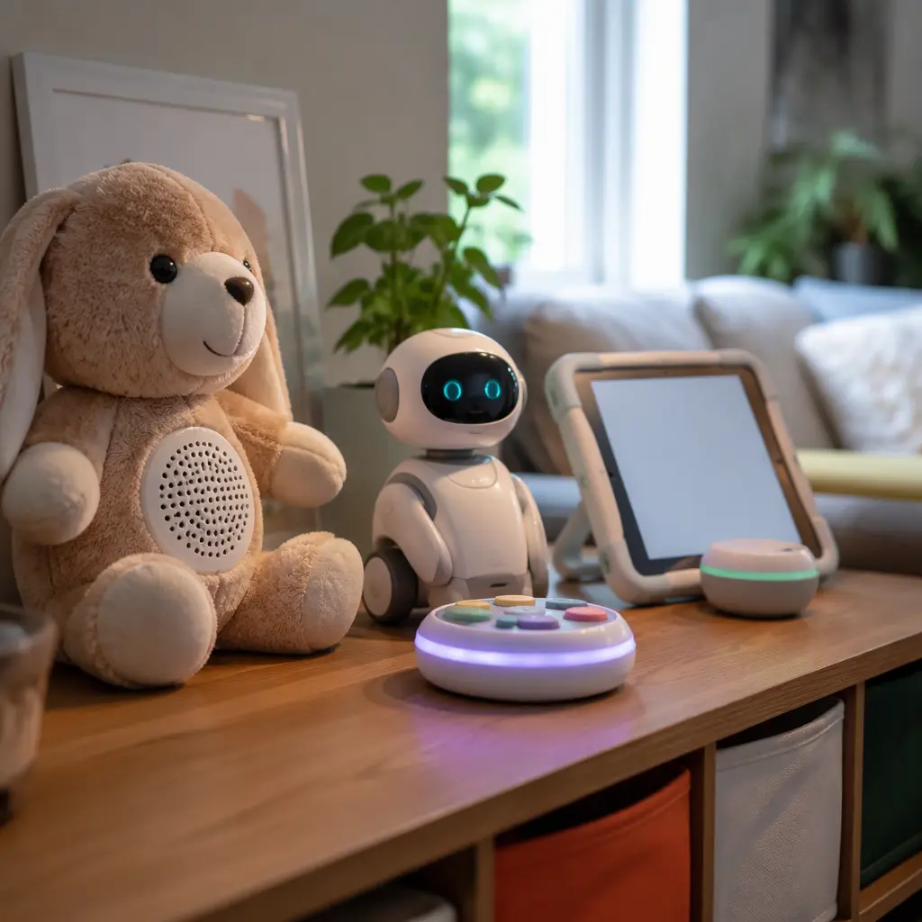Connected children's toys displayed on a living room shelf in soft natural light