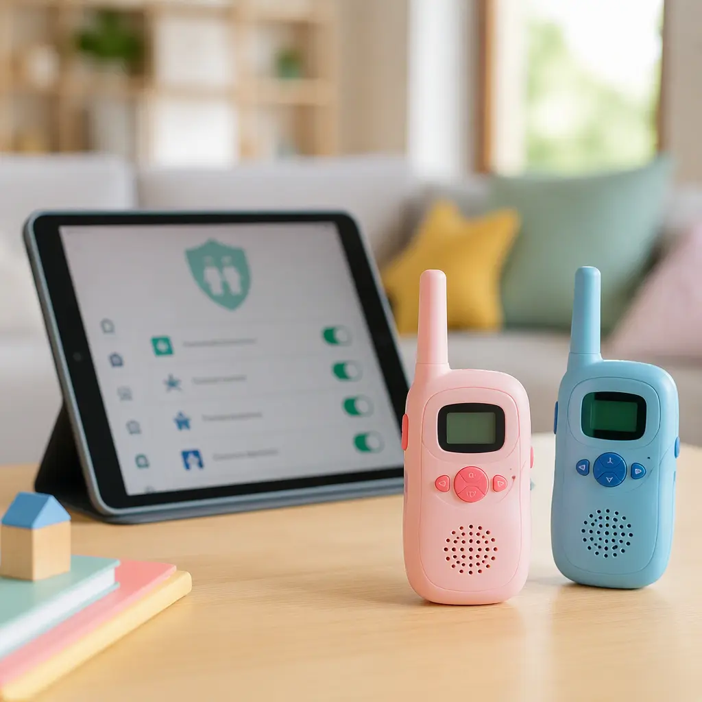 Children's walkie talkies next to a tablet representing parental controls and connected features.