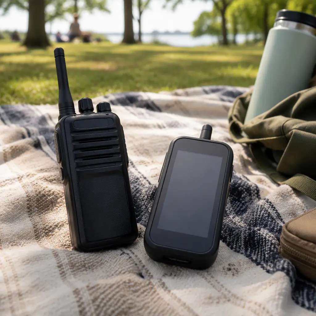 Comparison between a basic offline walkie talkie and a connected smart walkie talkie outdoors.