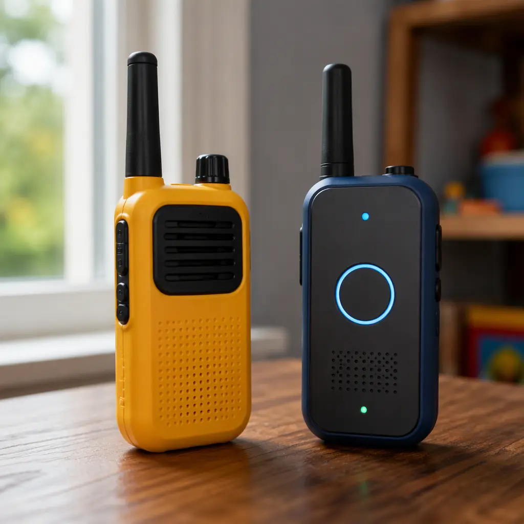 Two children's walkie talkies on a table, including a smart connected style device and a simple offline model.