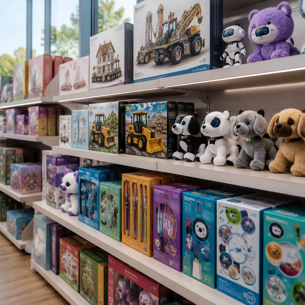 Christmas toy shelves with building sets and interactive toys