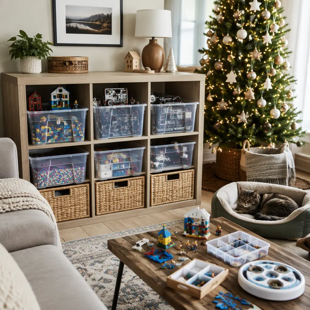 Organised living room with Christmas toys and building kits