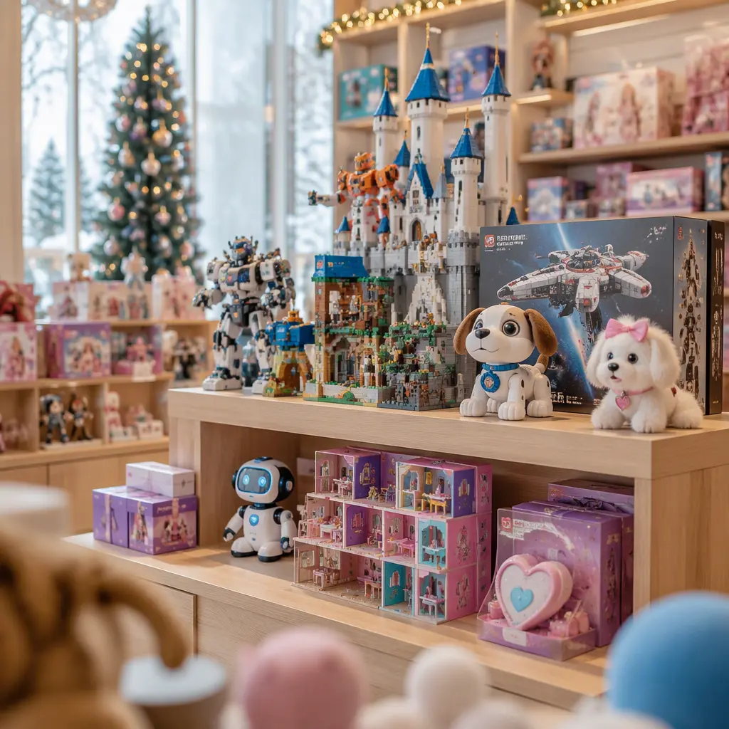 Toy shop style Christmas display with building toys, interactive gadgets and plush pets