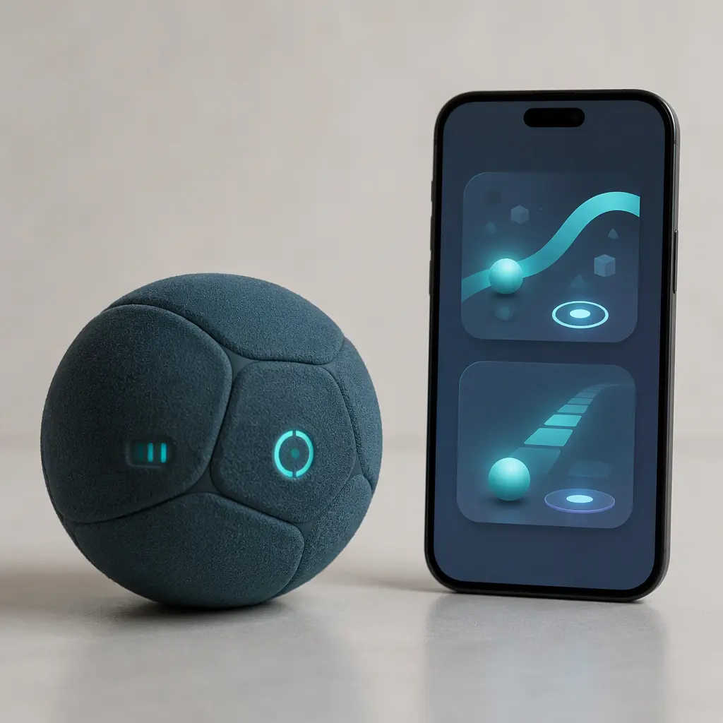 Soft foam smart ball beside a smartphone in a clean studio setup