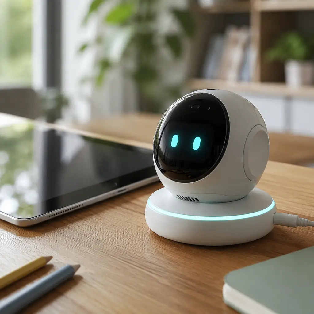 Connected desk robot charging beside school supplies on a desk