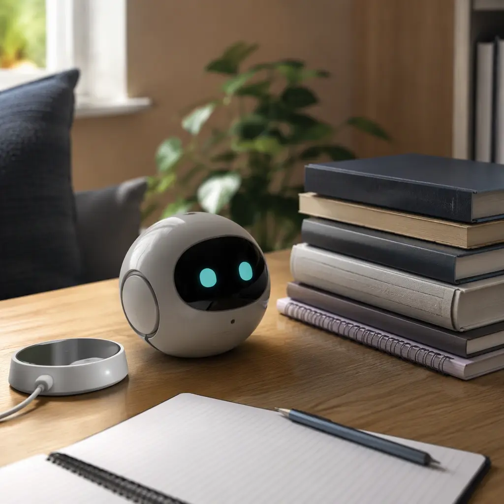 Desk robot positioned beside books and charging accessories in a home study area