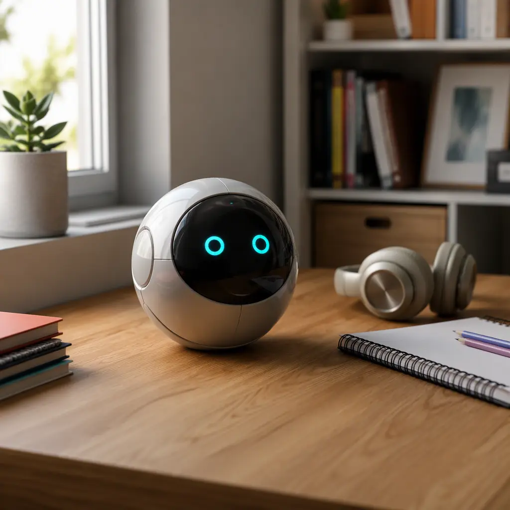 Small spherical desk robot on a family study desk in natural light