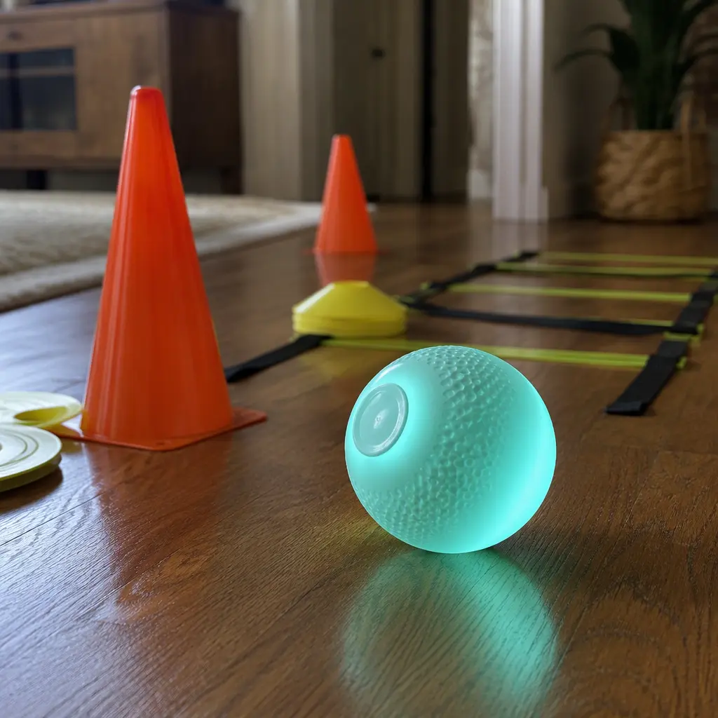 Interactive smart ball toy beside indoor exercise markers