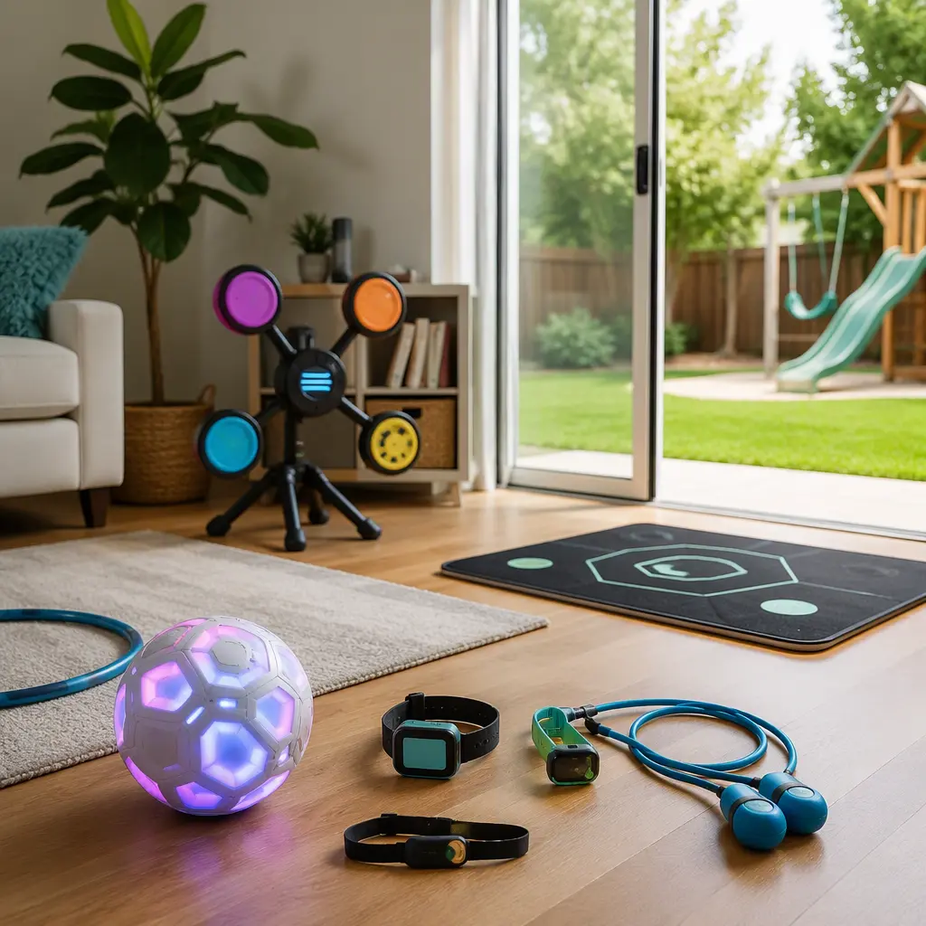 Active smart toys for children arranged in a bright indoor and outdoor play space
