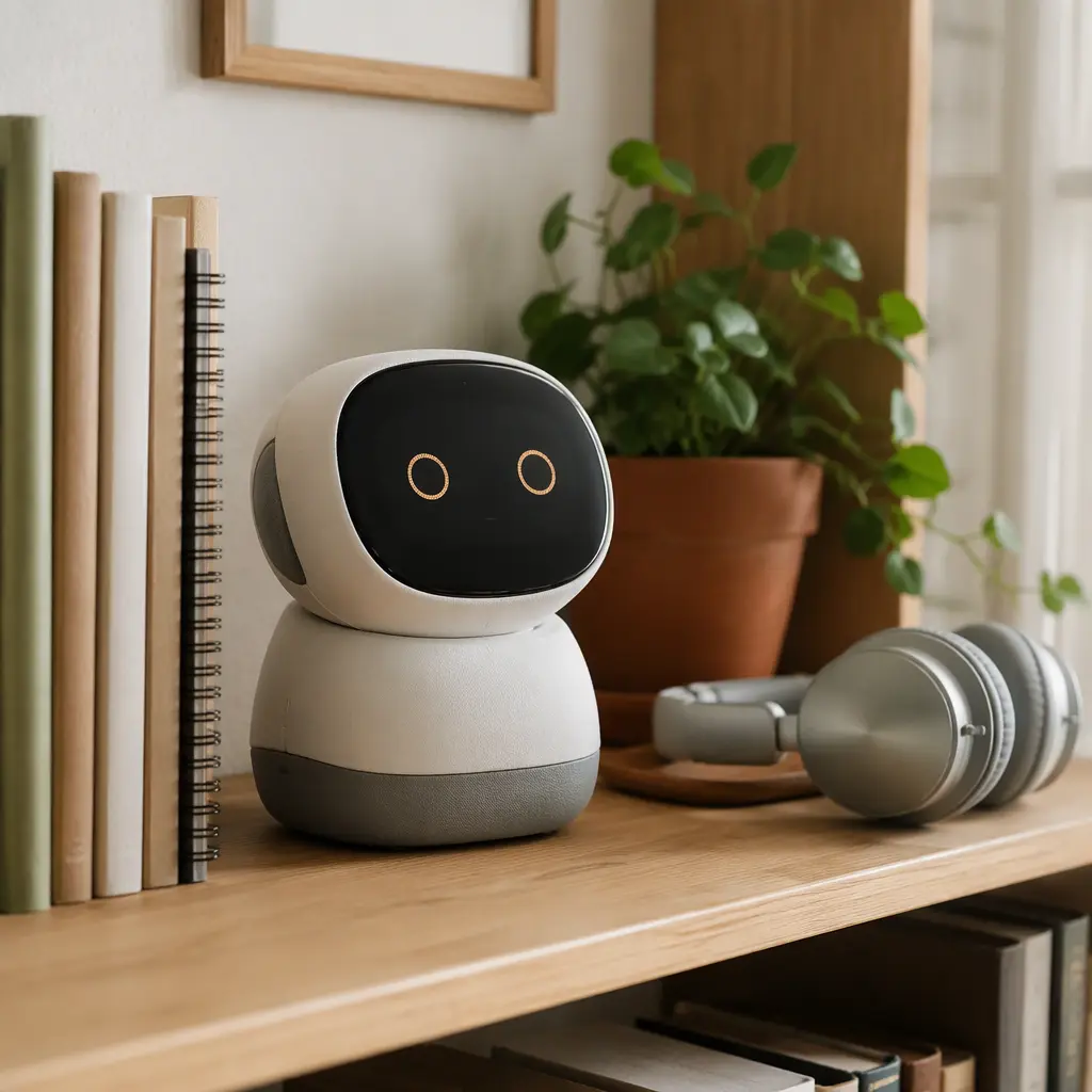 Compact AI companion robot displayed on a shelf beside everyday home items