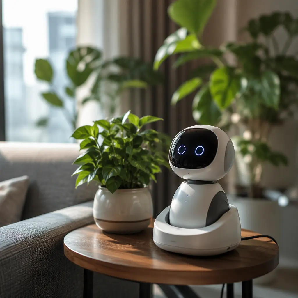 AI companion robot charging on a table in a modern home