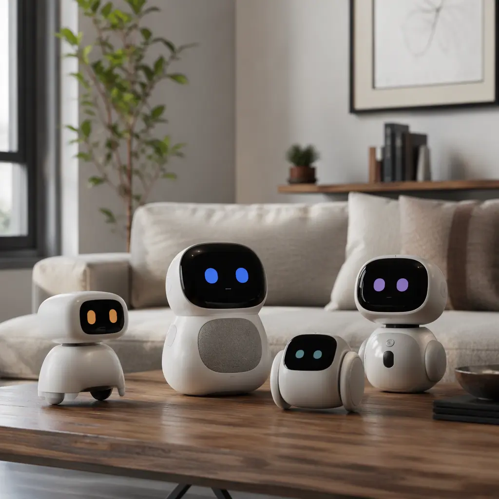 Several compact AI companion robots displayed on a coffee table in a softly lit modern living room