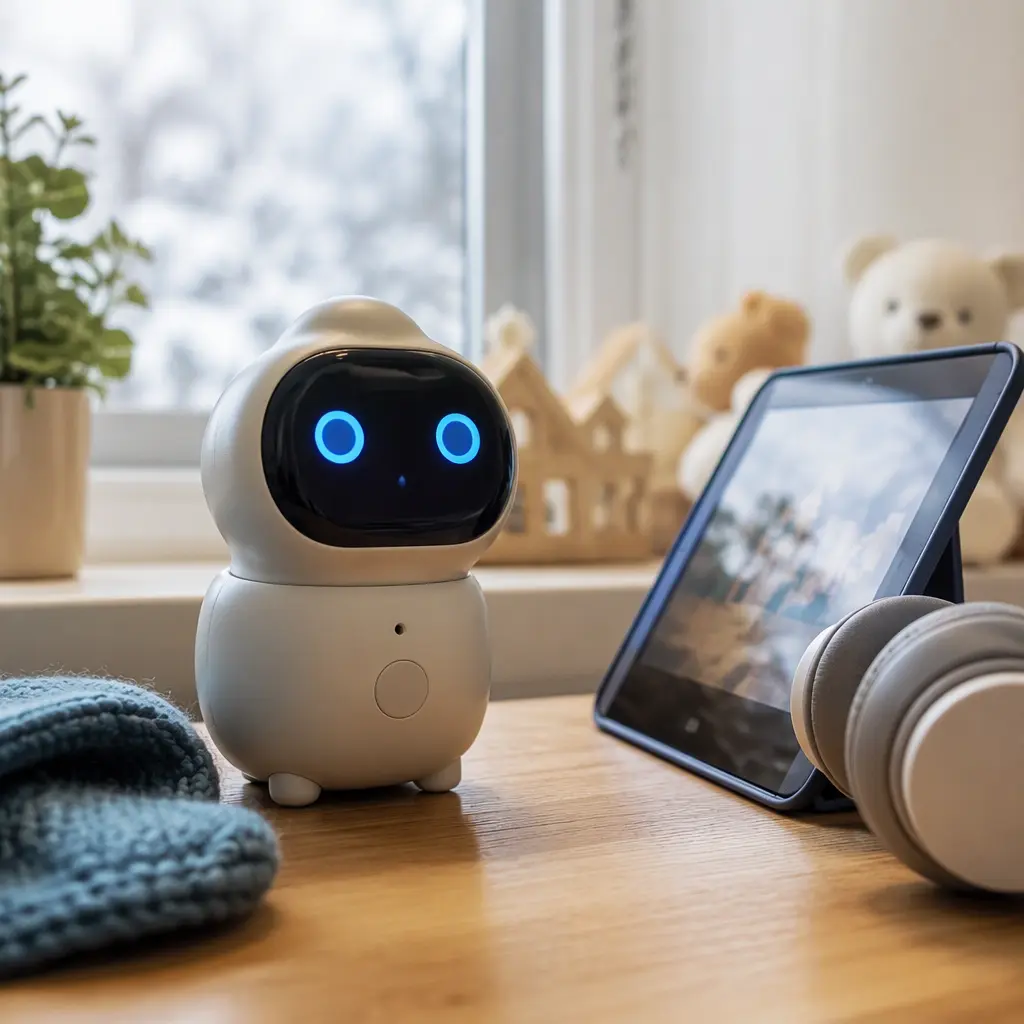An AI companion toy on a desk beside a tablet and headphones.