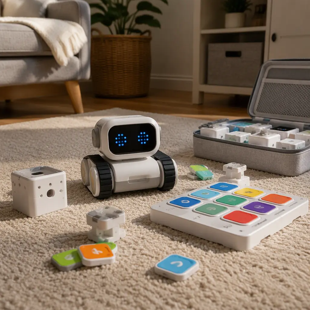 A coding robot and STEM accessories arranged on a carpeted floor.