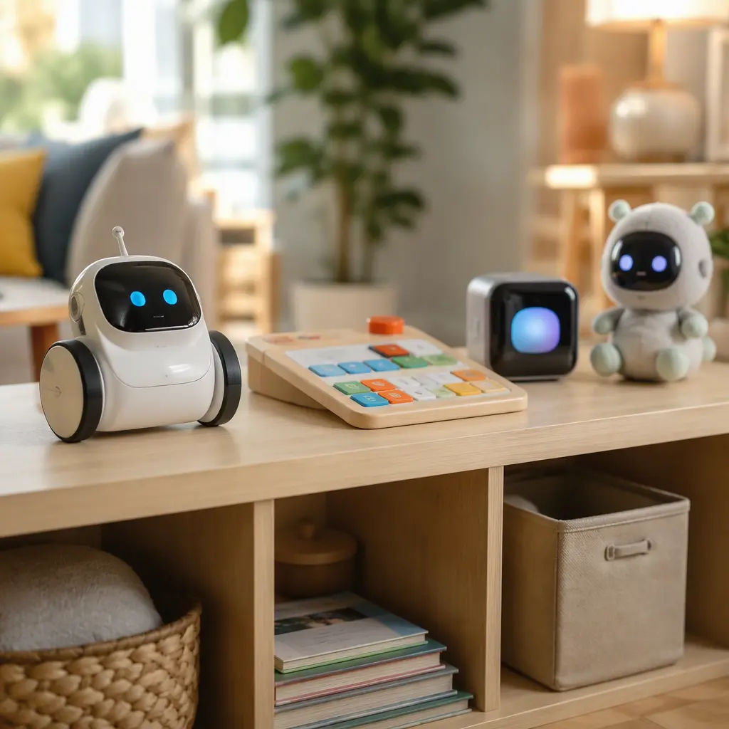 A group of modern AI and smart toys displayed on a living room shelf in soft natural light.