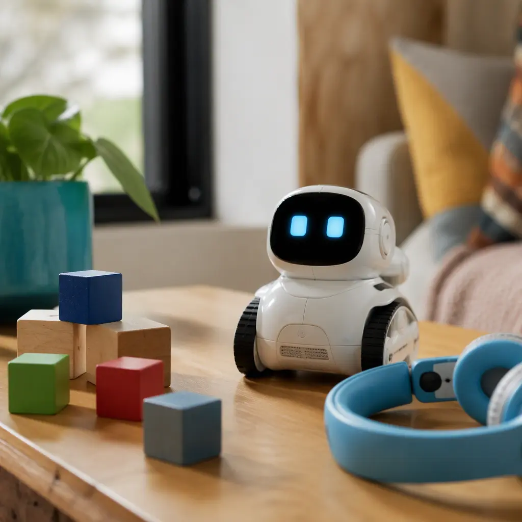 Small interactive robot toy on a table beside traditional toys