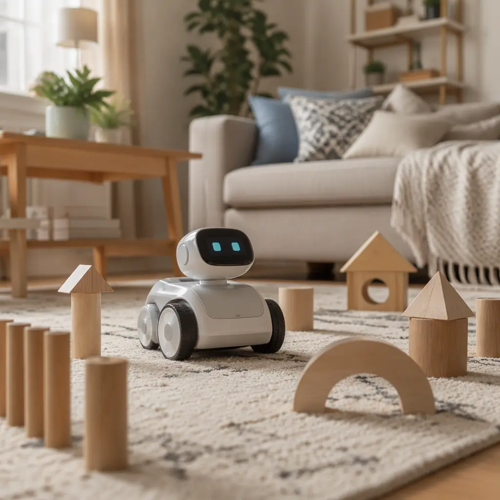 Interactive coding robot moving across a living room rug