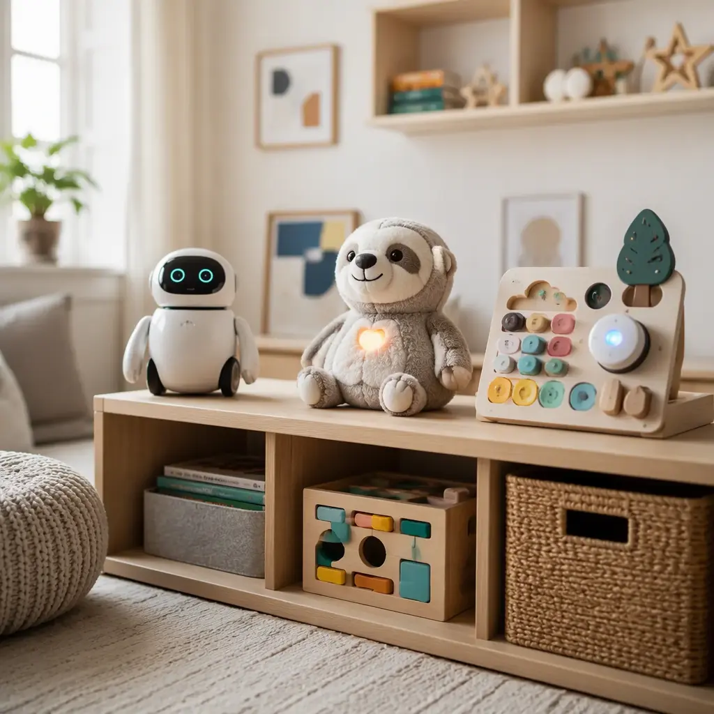 Interactive AI and connected toys arranged on a shelf in a softly lit playroom