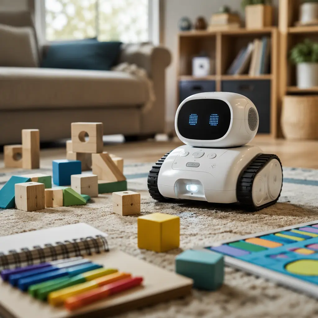 Programmable robot toy next to traditional toys in a family living room