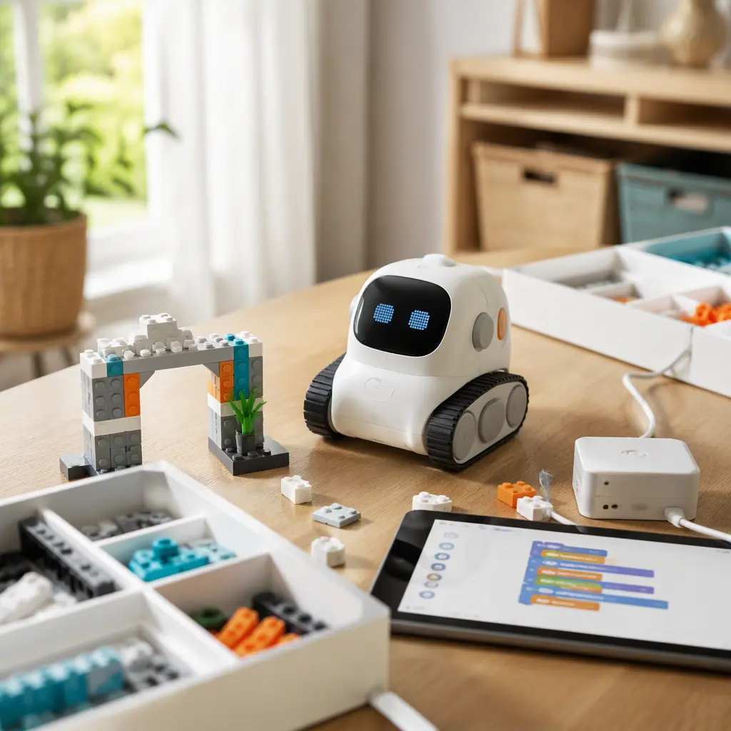 Coding robot and building toys arranged on a tabletop in natural light