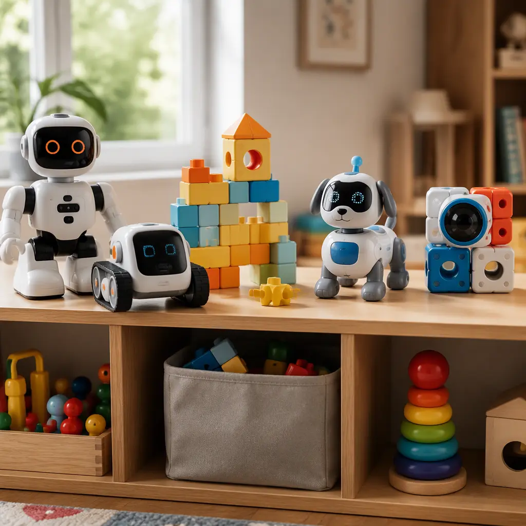Smart toys and small robots displayed in a bright playroom with natural light