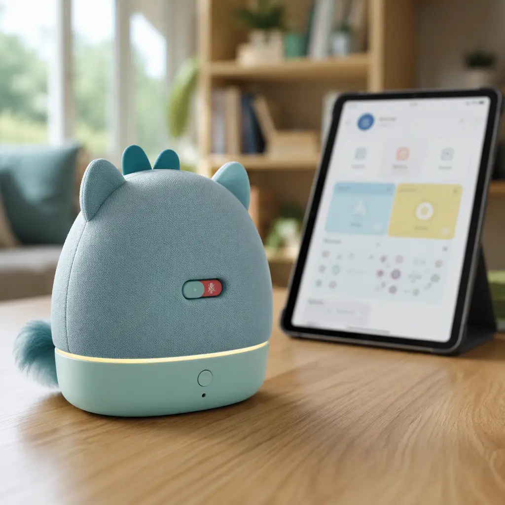 Connected toy with a visible mute switch beside a parent control device