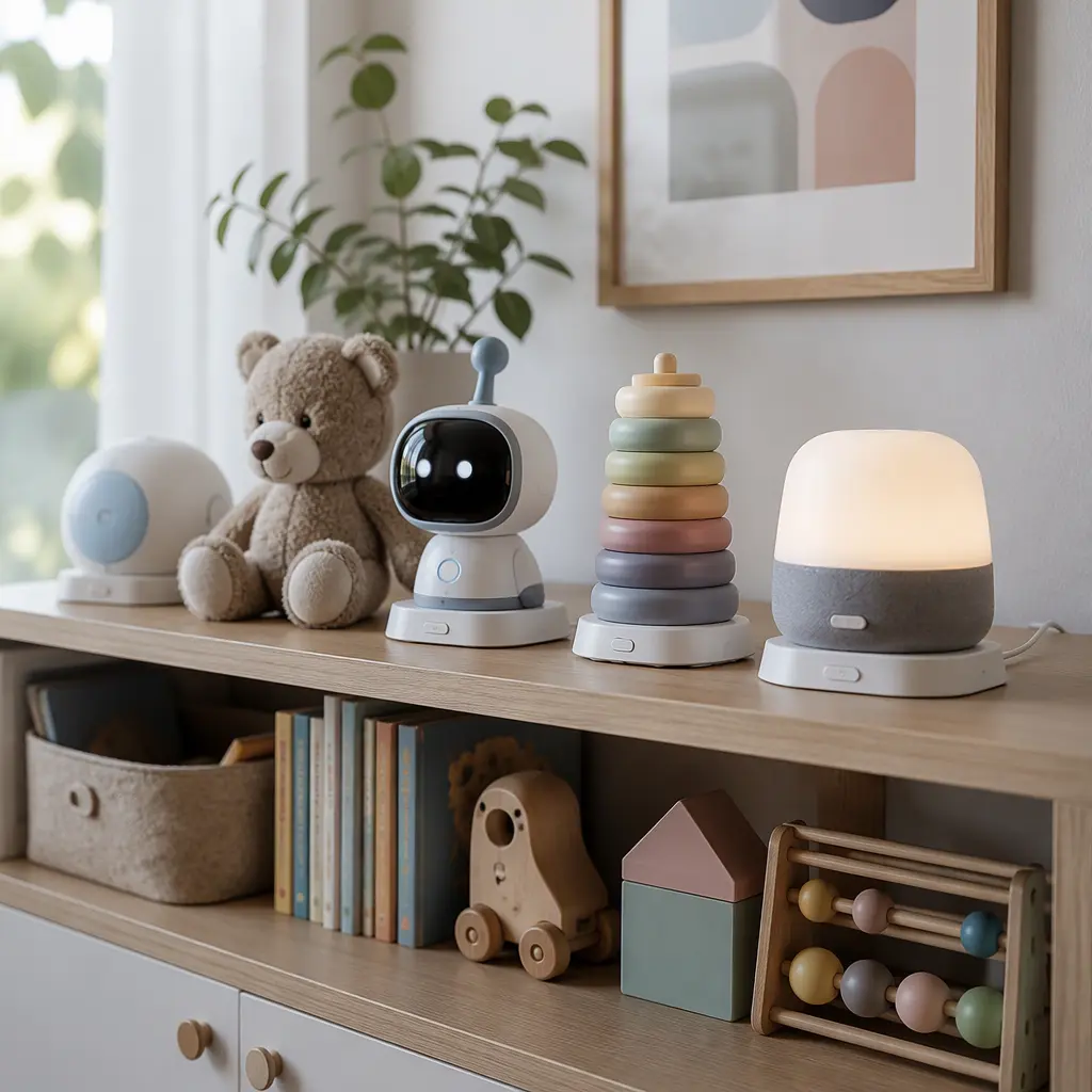 Connected preschool toys arranged in a family living room with soft natural light