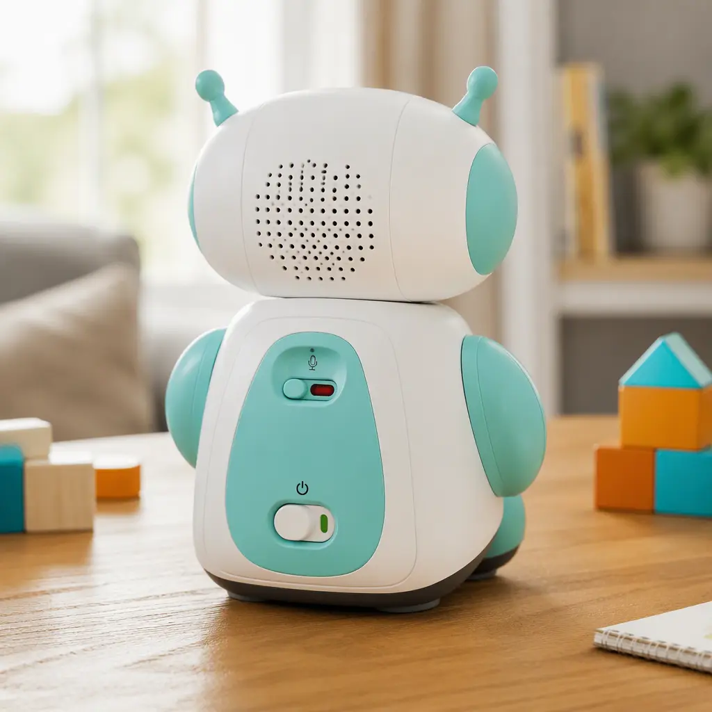 Interactive robot toy showing a physical mute switch and power button