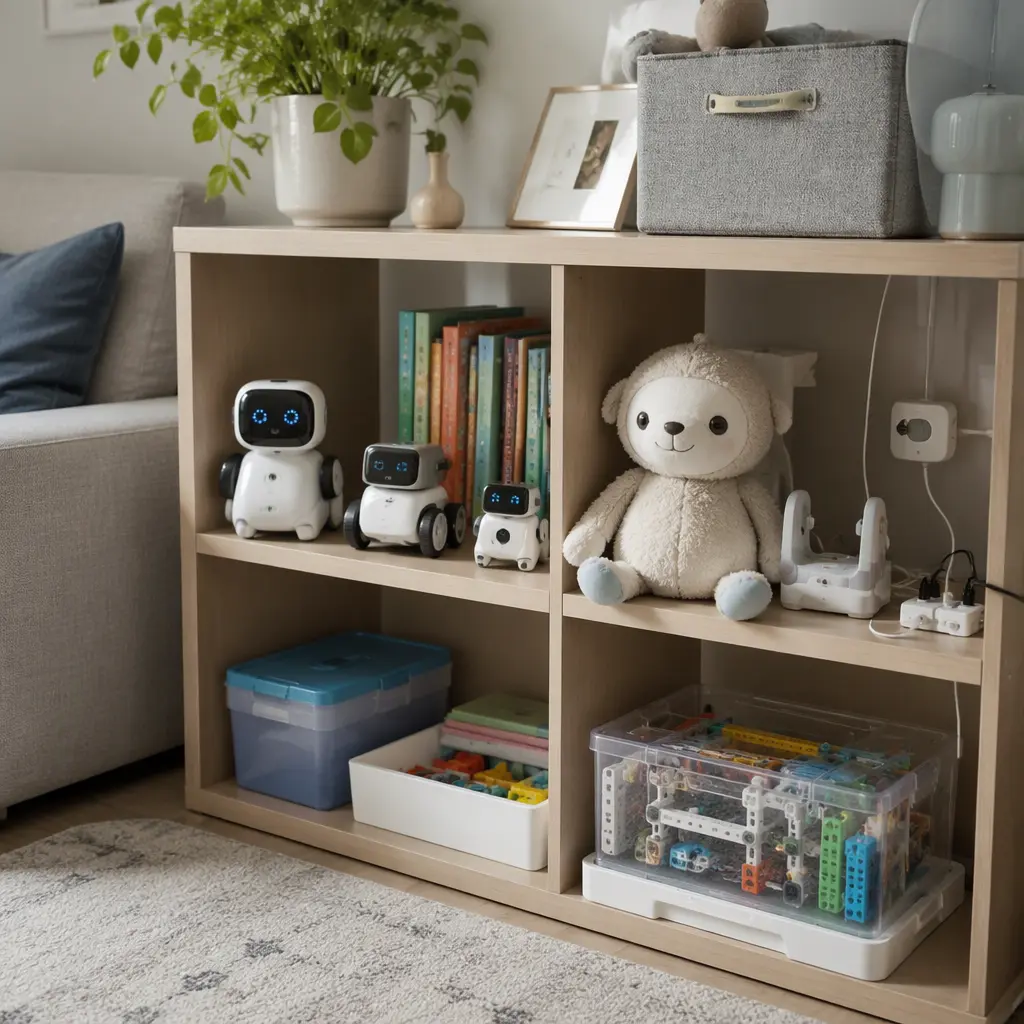 Connected coding and interactive toys organized on a family room shelf