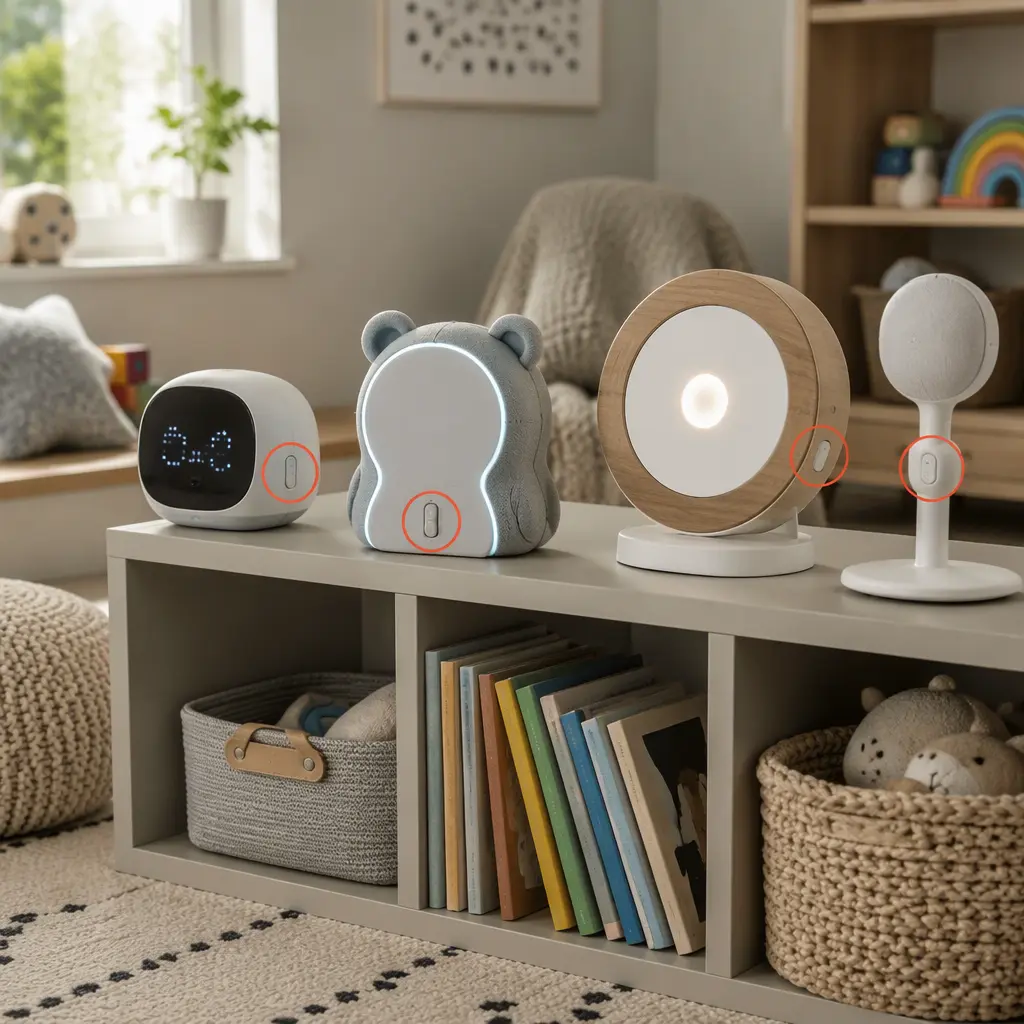 Connected children's toys with visible physical mute and power switches in a softly lit playroom