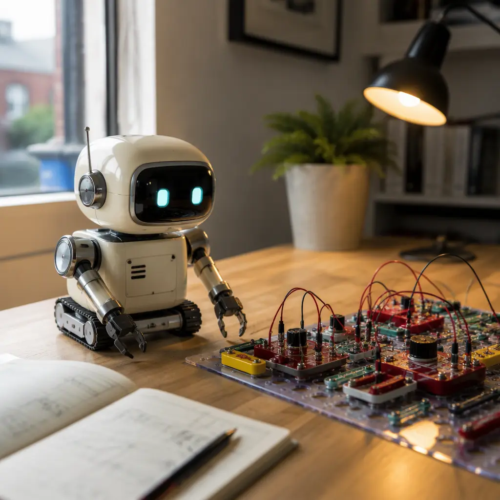 Desktop robot and retro electronics kit on a modern desk