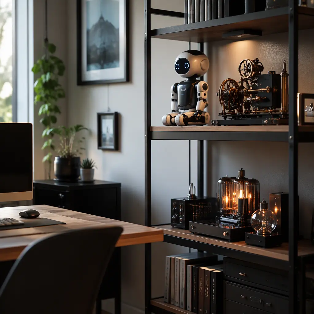 Interactive robot and retro-tech display in a modern home office