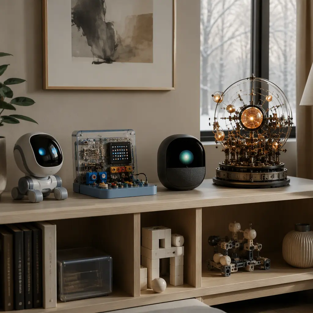 Display shelf with modern interactive tech toys and retro electronic builds in soft natural light