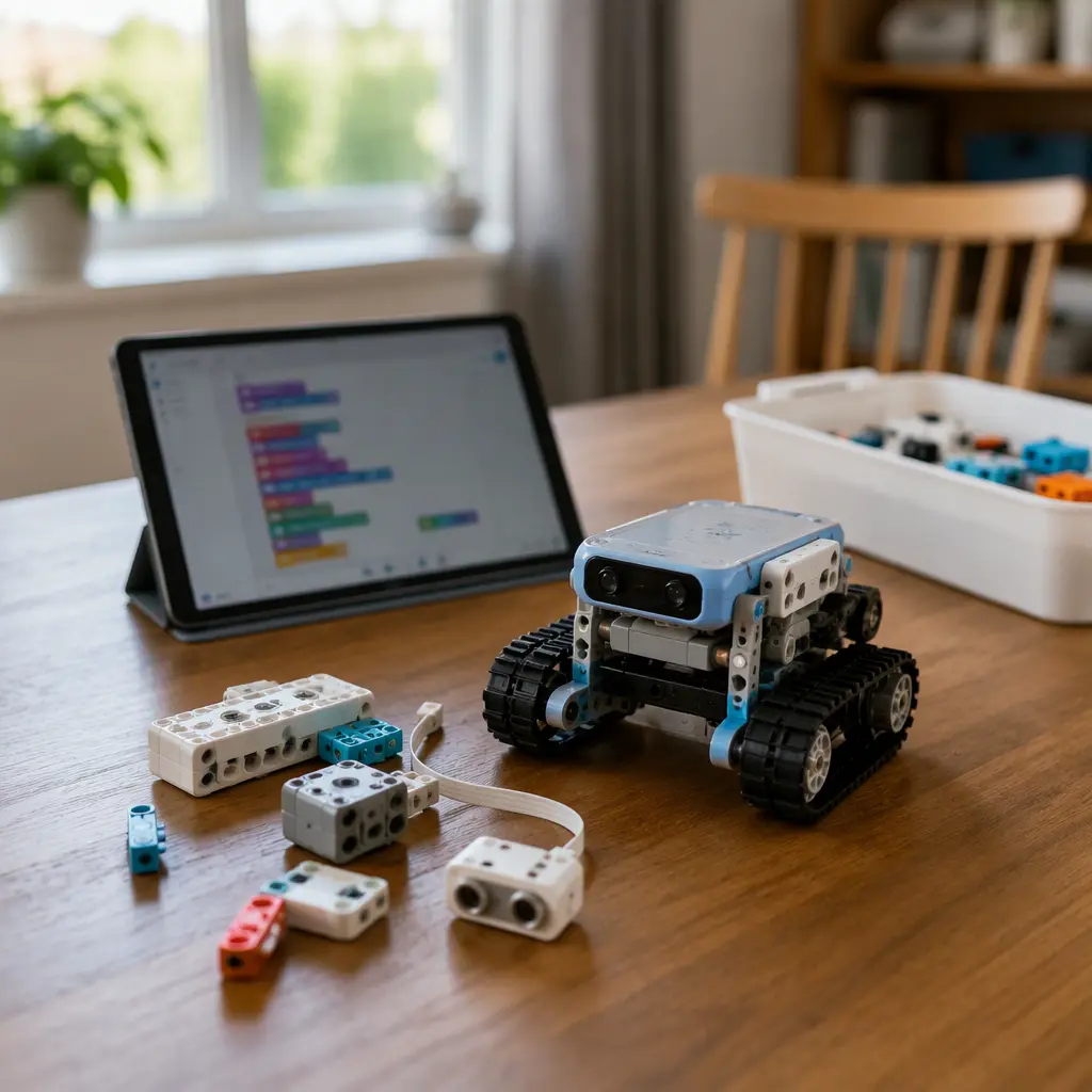 A coding robot and electronic building kit arranged on a table in natural light.