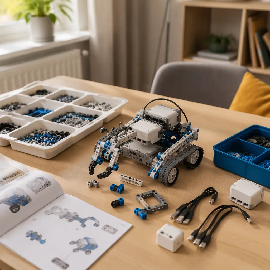 A modular robotics and coding kit set up on a desk with organised accessories.