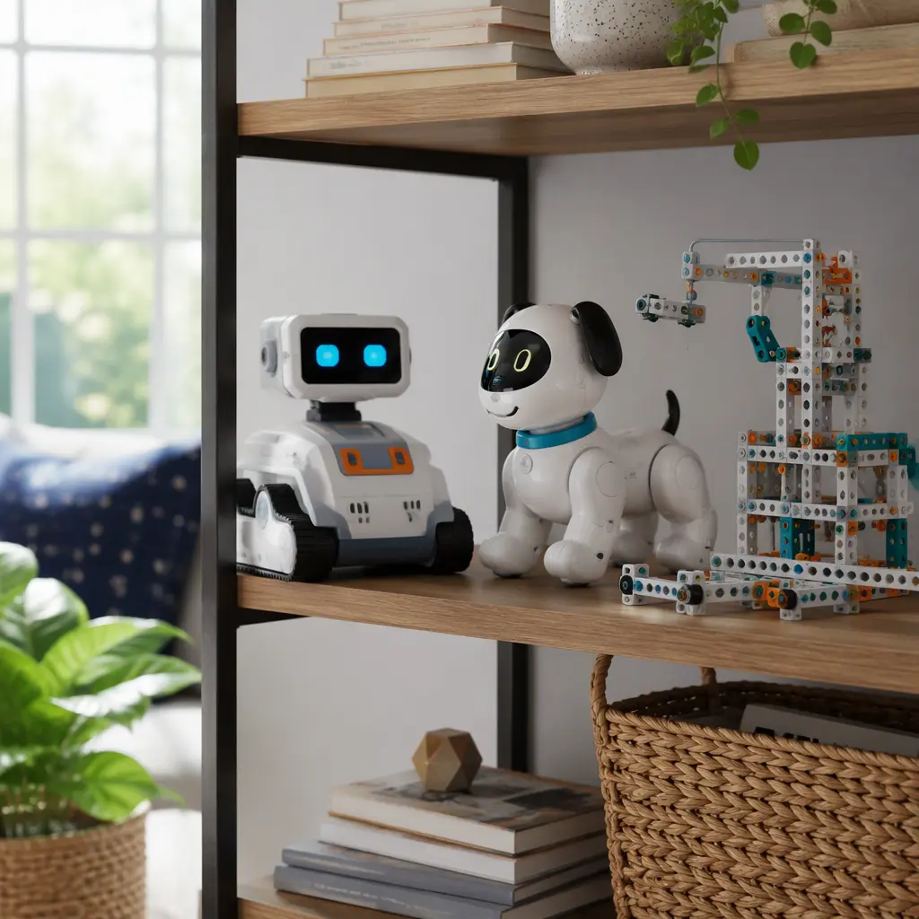 A selection of smart and AI-style toys for older children displayed on a shelf in soft natural light.