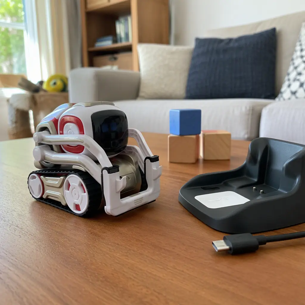 Robot toy with offline play accessories in a family living room