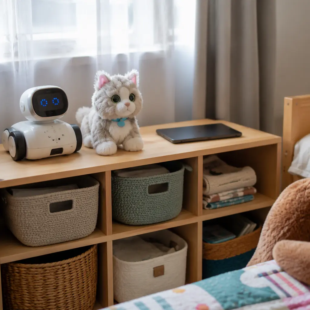 Coding robot and smart toys stored neatly in a child's bedroom