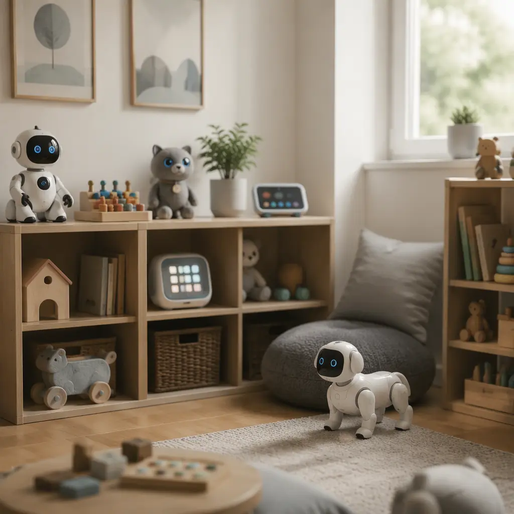Smart and AI-style children's toys displayed in a softly lit playroom