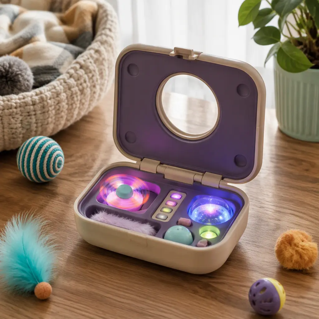 Compact glowing interactive pet toy opened on a tabletop in natural light